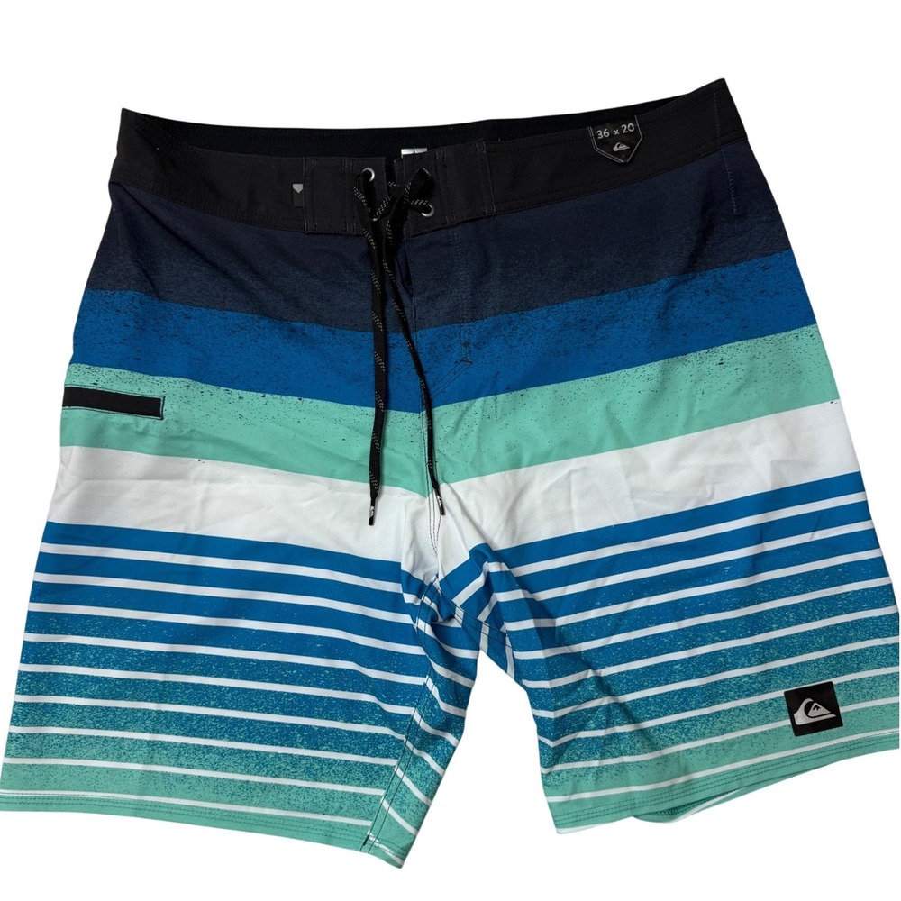 Quiksilver Mens Blue Teal Striped Board Shorts Swim Trunks Size 36 x 20 Outseam